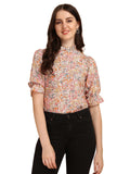 Wedani Women'S Casual Puff Sleeves Ruffled Collor Foral Top (Medium Beige),Beige,M