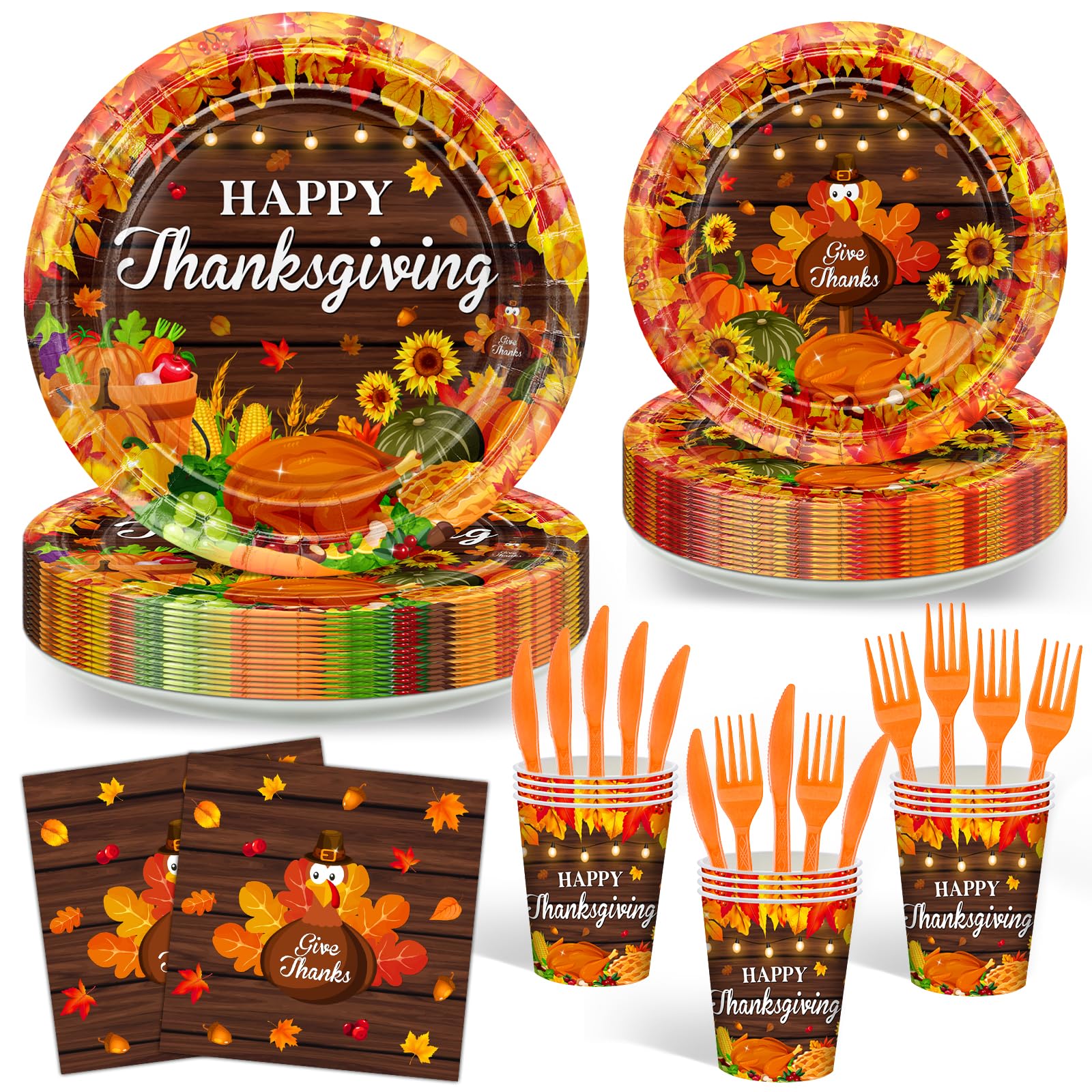 Avezano 144 pcs Thanksgiving Paper Plates and Napkins Disposable Happy Thanksgiving Plates and Napkins Tableware Sets Autumn Har