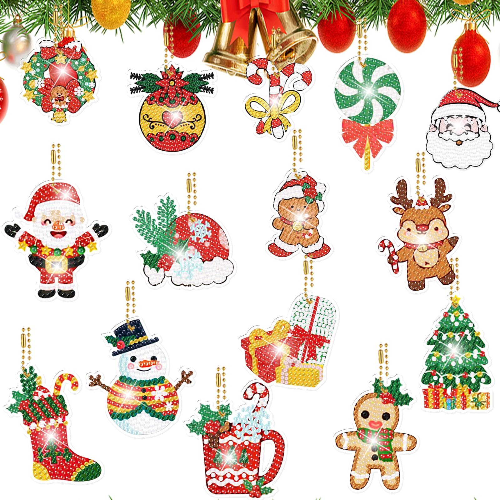 YUE ZHE 15PCS Christmas Diamond Painting Keychains Christmas Tree Diamond Art Kits for Adults Double Sided DIY 5D Painting for A