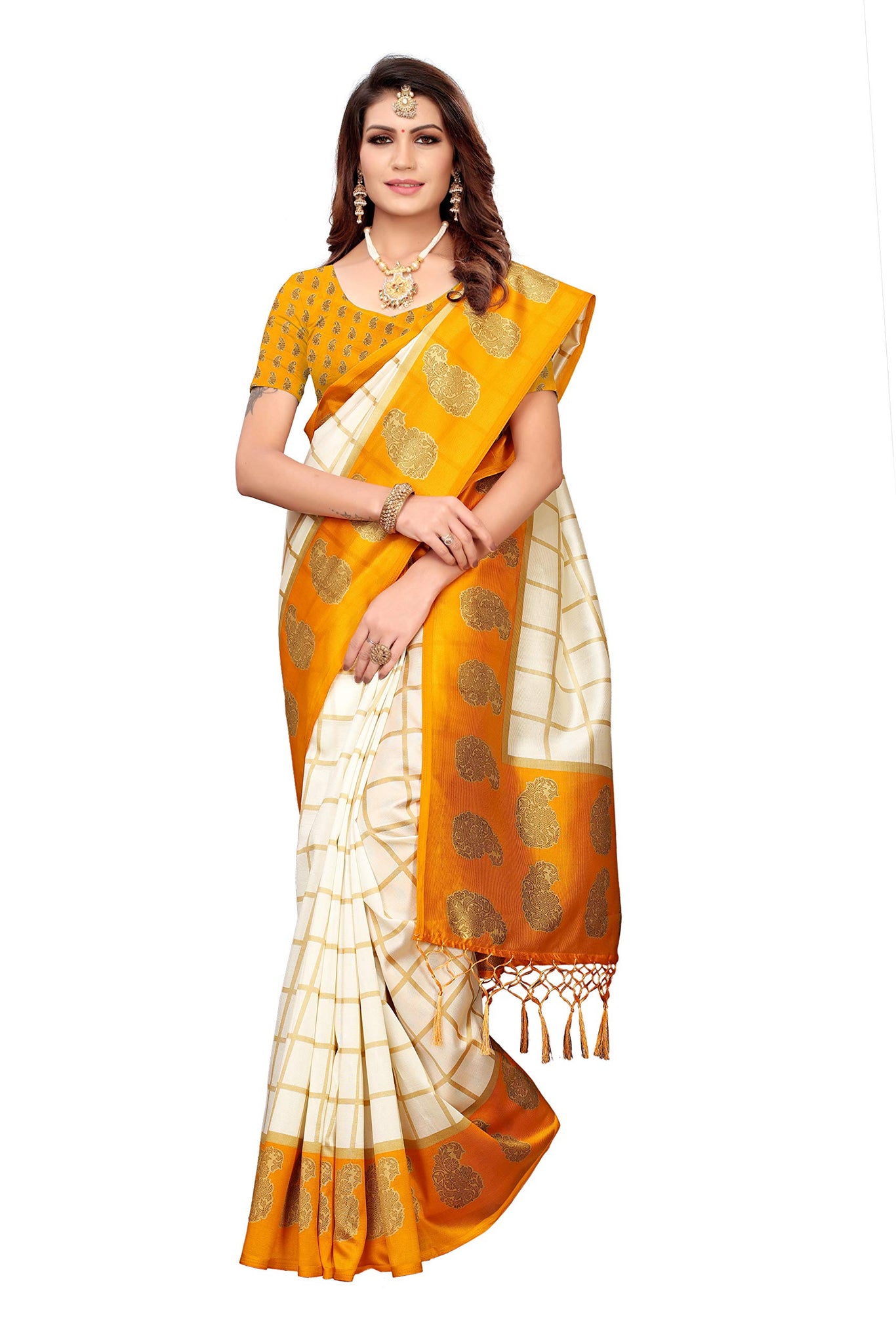 Anni Designer Womens Mustard Color Mysore Silk Printed Saree Border Tassels With Blouse Piece(Wedding-Patta-Mustard_Free Size),Mustard,FS,Silk,ready to wear,Saree