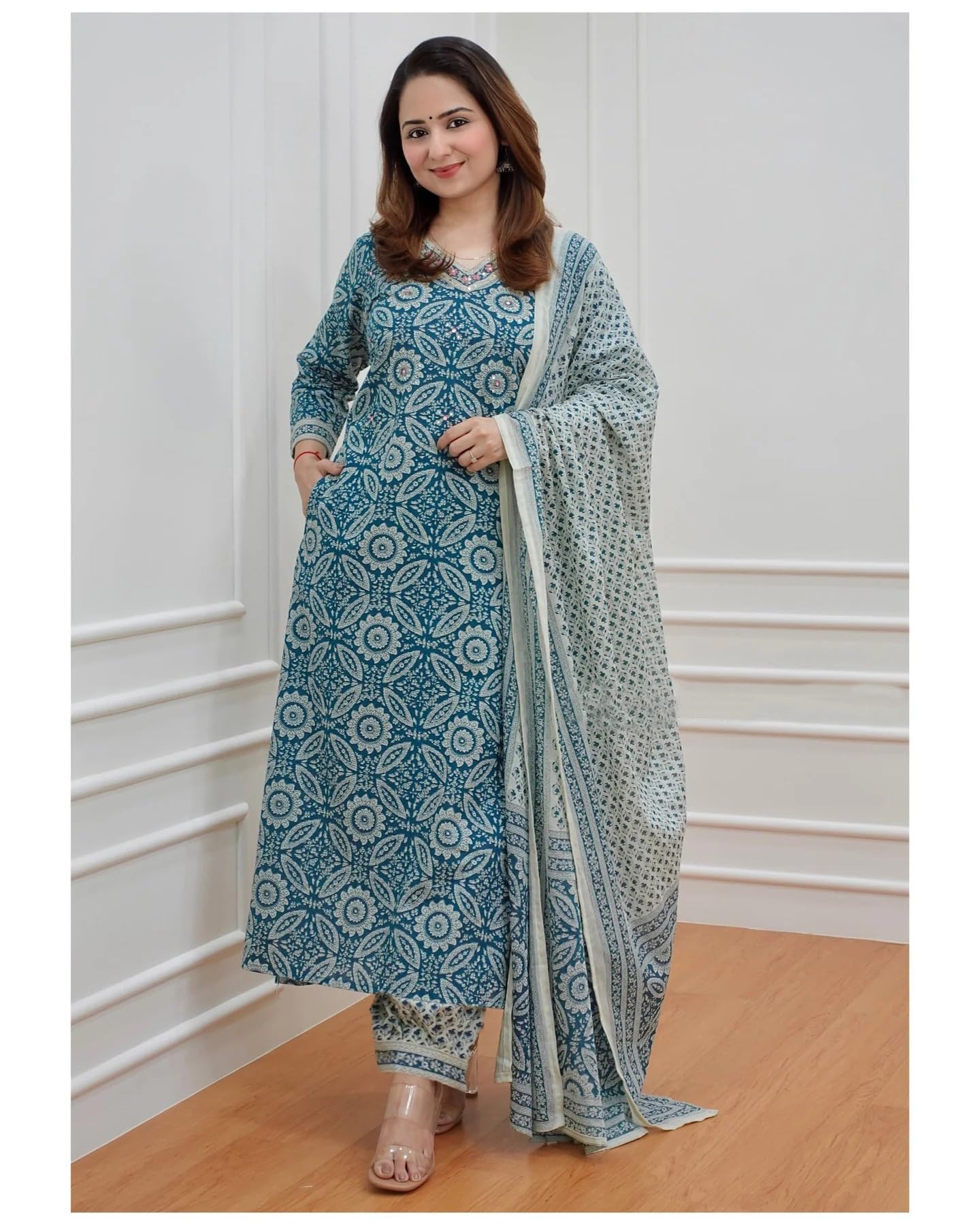 Anni Designer Women'S Cotton Blend Block Printed Straight Kurta With Pant & Dupatta (Nihira Blue_L_Blue_Large),Blue,L,Cotton Blend,Regular,