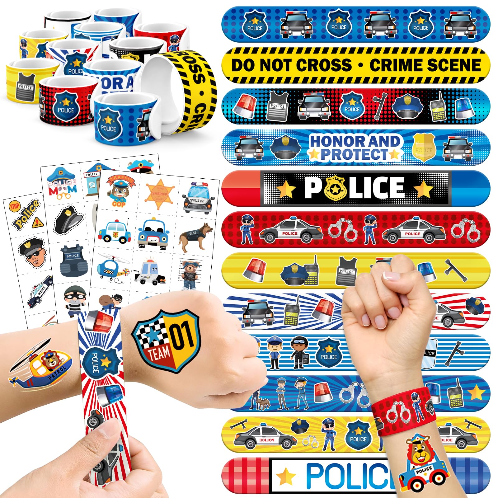 60 PCS Police Party Favors Set - 36 Temporary Tattoos Sticker & 24 Slap Bracelets for Kids, Perfect for Birthday Parties, Classr