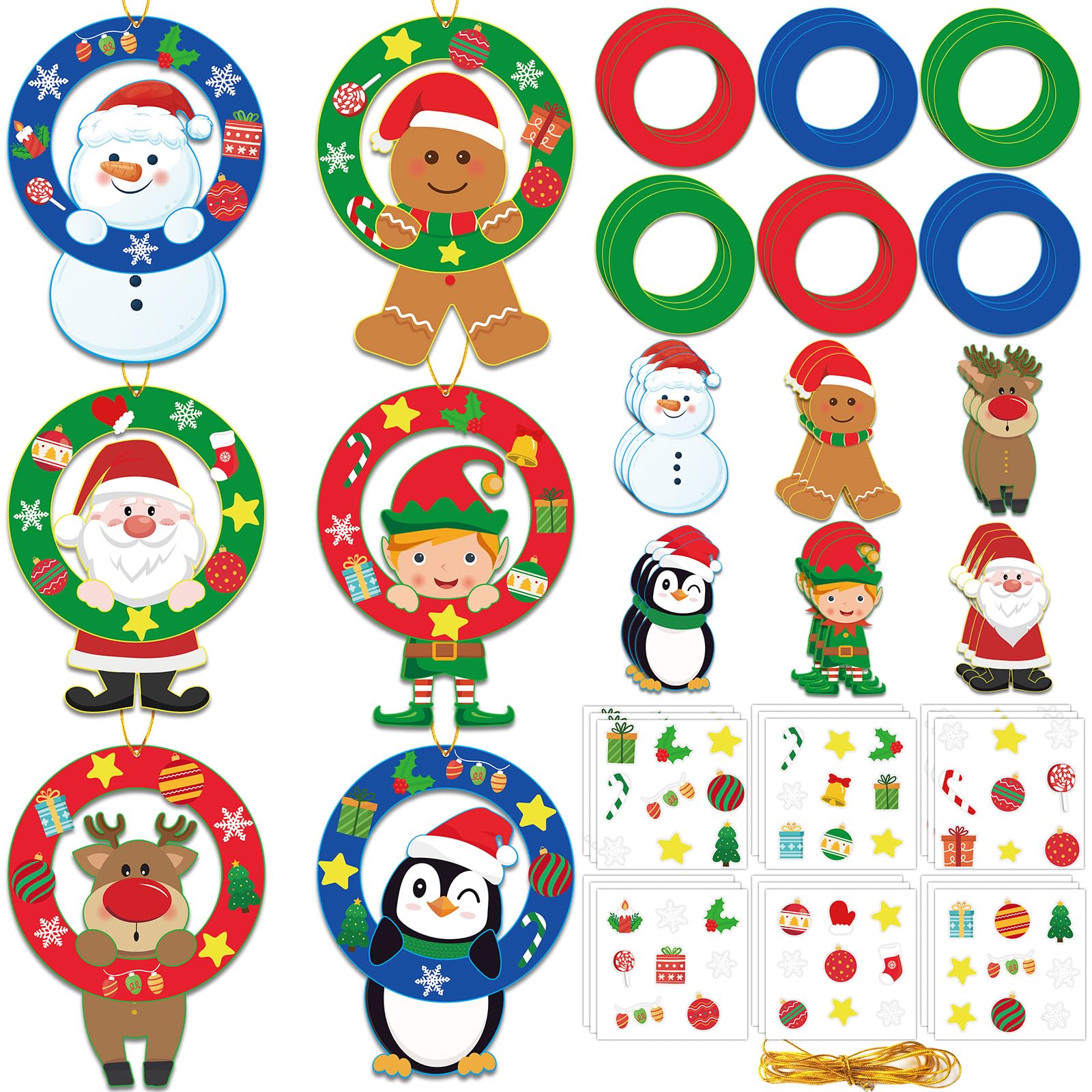 36 Sets Christmas Wreath Crafts Kits Xmas DIY Wreath Hanging Ornaments Santa Snowman Reindeer Gingerbread Man Cutout Winter Pape