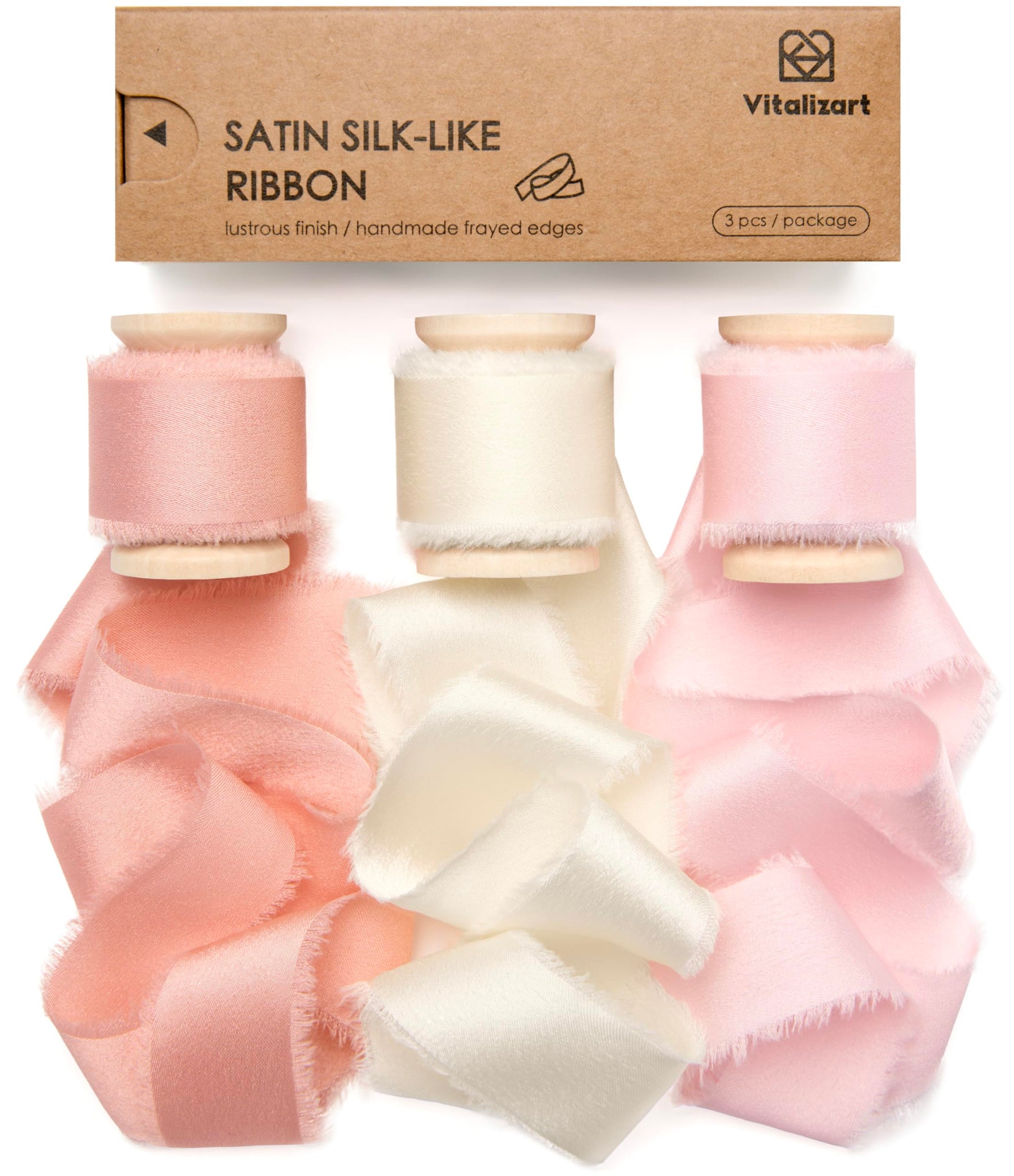 Vitalizart Silk Satin Ribbon 1 Inch x 15 Yard Wooden Spool Pink Handmade Frayed Ribbon for Gift Wrapping Baby Shower Wedding Bri