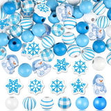 Qunclay 200 Pcs Blue Wooden Beads Winter Snowflake Snowman Wooden Beads Christmas 16 mm Wood Crafts for Tiered Tray Decor DIY Je