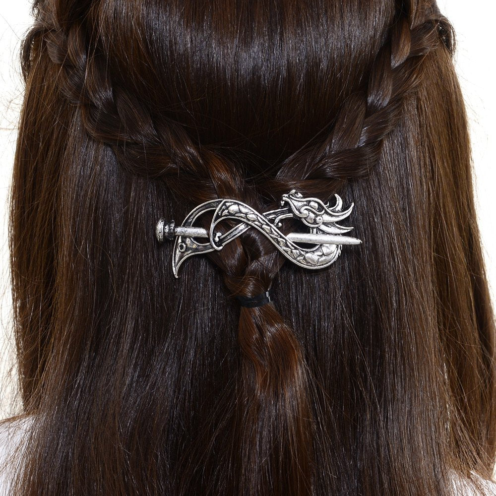 Norse Celtic Wedding Hair Accessories-Viking Antique Silver Dragon Hair Sticks Hairpin Viking Hair Slide Hairpins Men Clips Hair