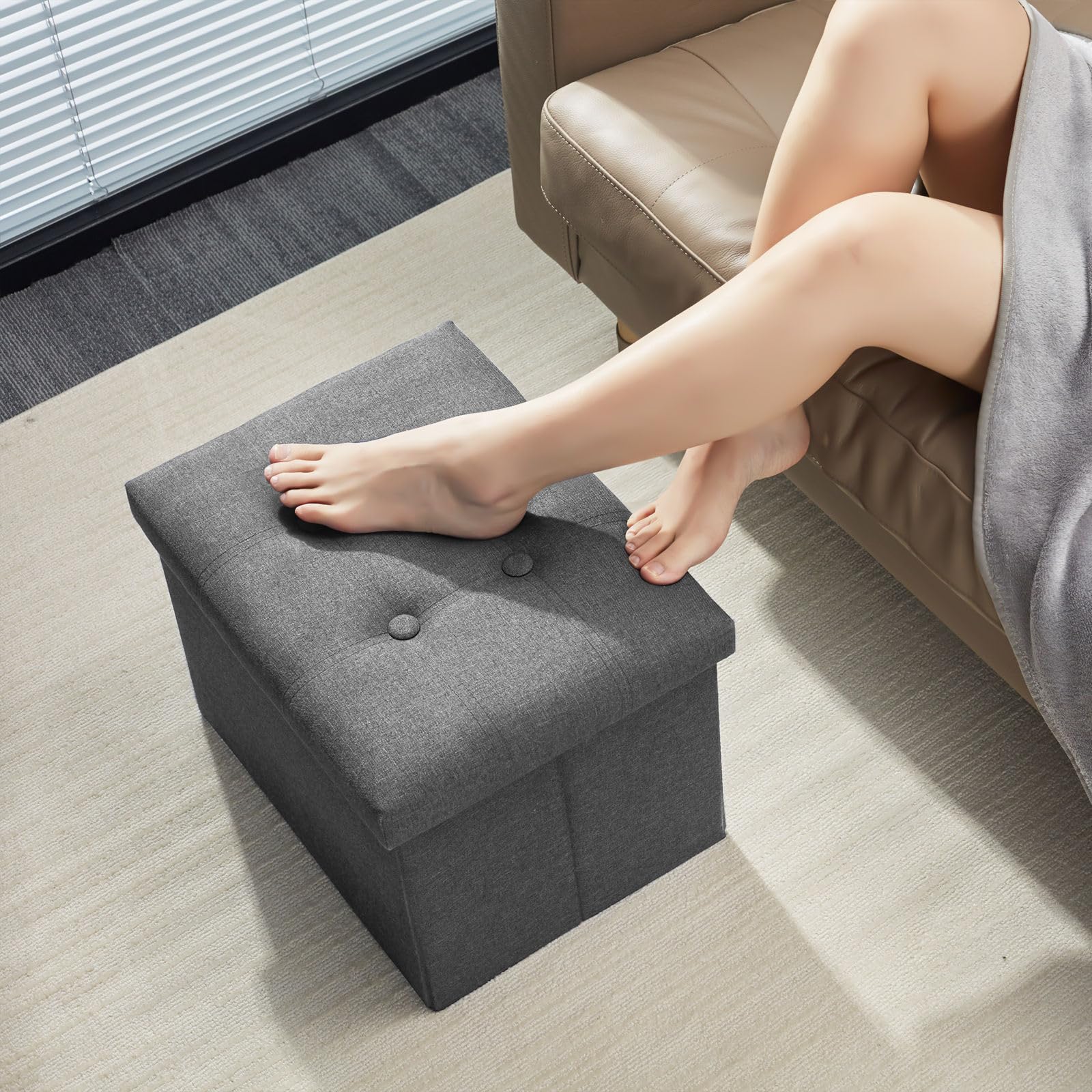 AmasSmile Storage Ottoman Folding Foot Rest Stool, 17 inch Linen Footstool Bench, Short Ottoman Bench, Storage Foot Rest Store,
