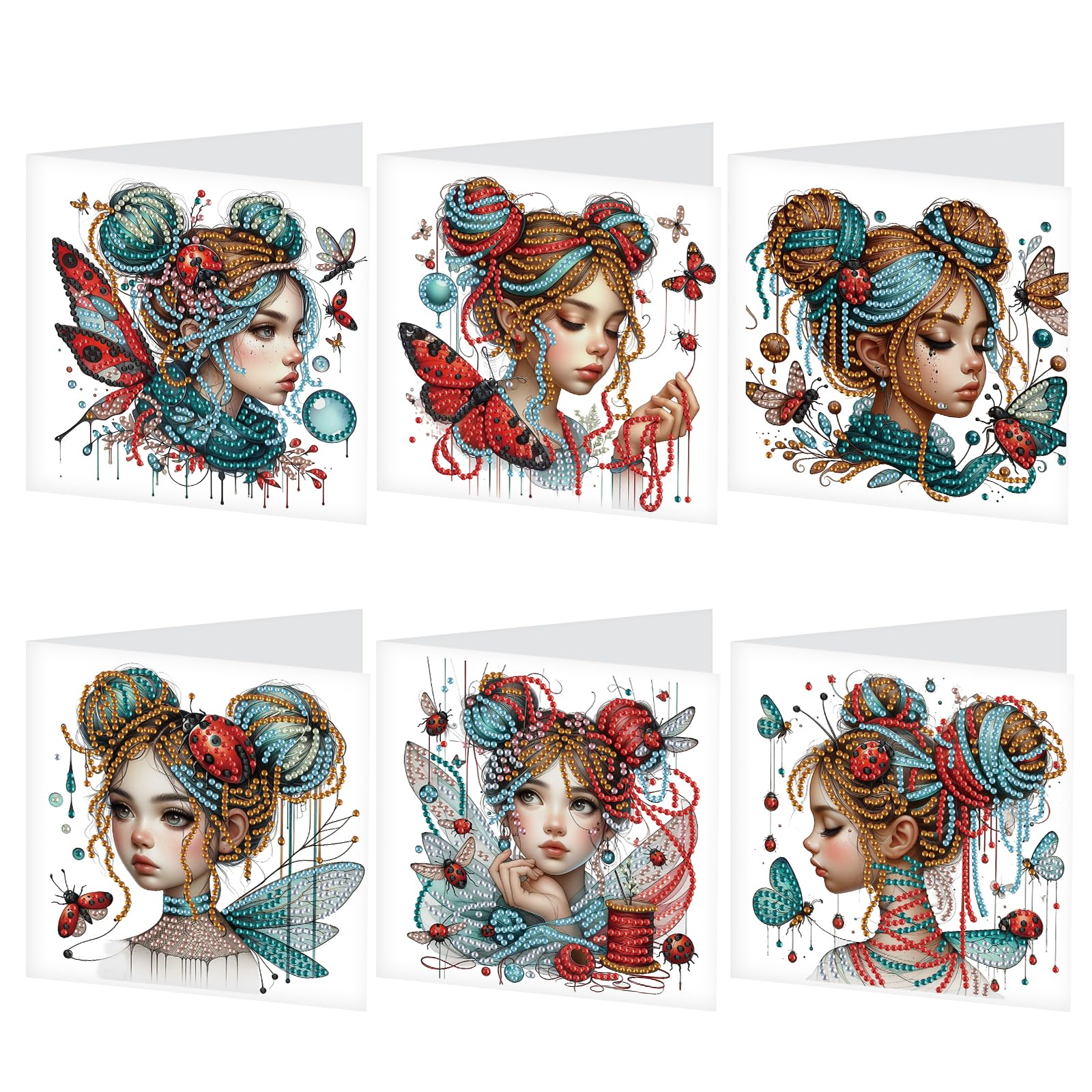 Tontut 6pcs Diamond Art Painting Kit Greeting Card, Temperament Butterfly Lady 5D DIY Diamond Handmade Holiday Sparkling Greetin