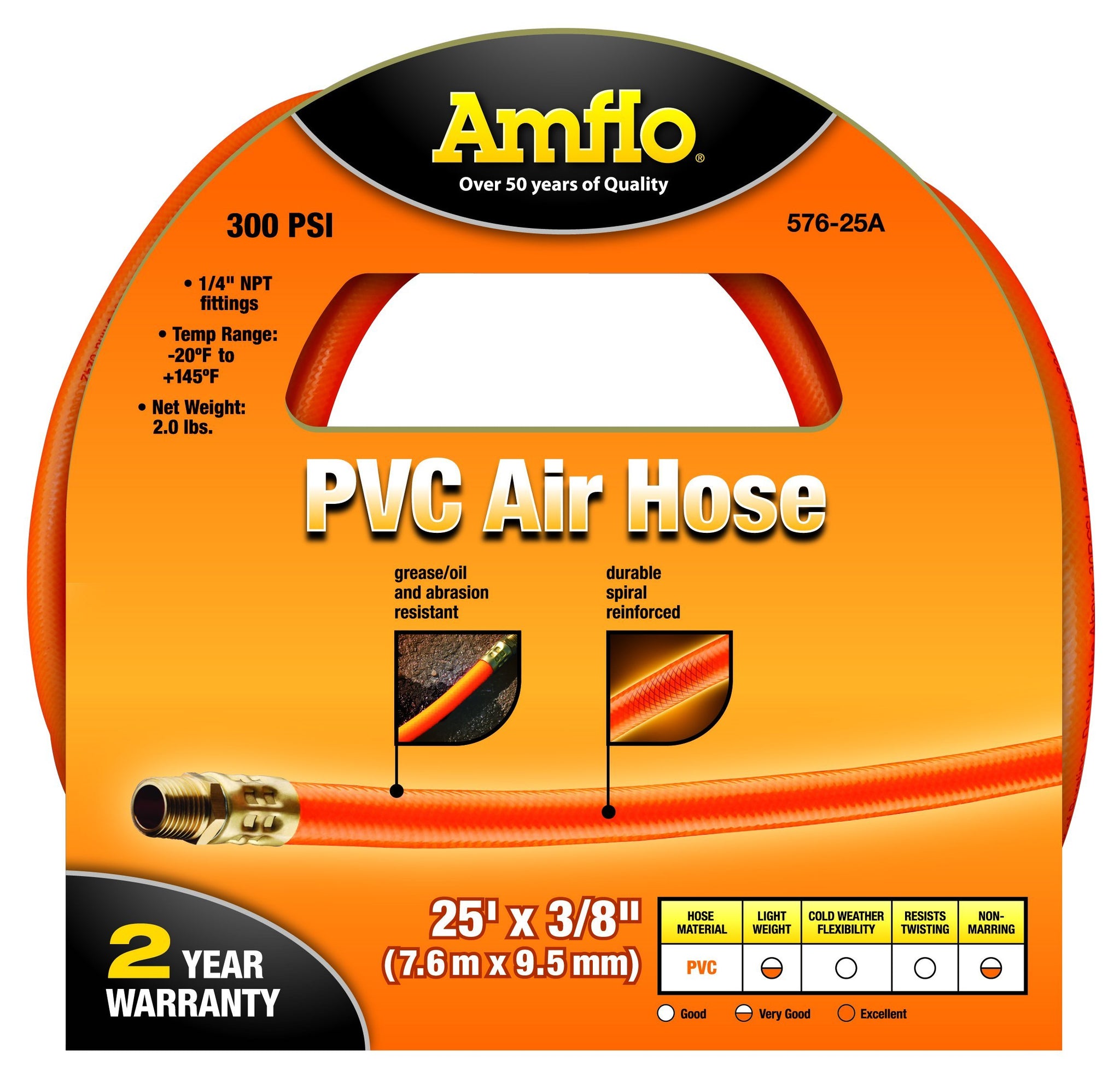 Amflo 576-25A Orange 300 Psi Pvc Air Hose 38 X 25 With 14 Mnpt End Fittings