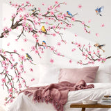 Fufuquare Vinyl Pink Cherry Blossom Trees Wall Decals Birds Peel and Stick Wall Stickers for Bedroom Living Room Bathroom