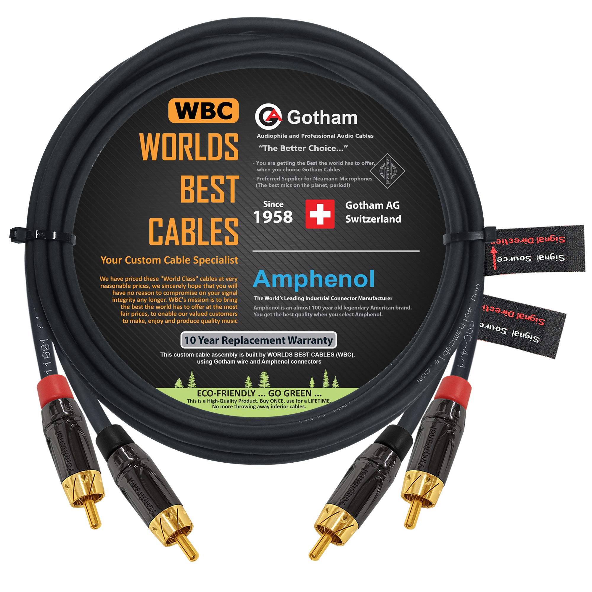 15 Foot Rca Cable Pair - Gotham Gac-4/1 (Black) Star-Quad Audio Interconnect Cable With Amphenol Acpl Black Chrome Body, Gold Pl