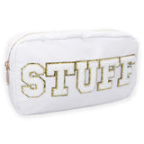 Fablinks Preppy Makeup Pouch, Chenille Varsity Letter Stuff Bag, White Nylon Skin Care Patch Bags Organizer for Women, Travel Ma