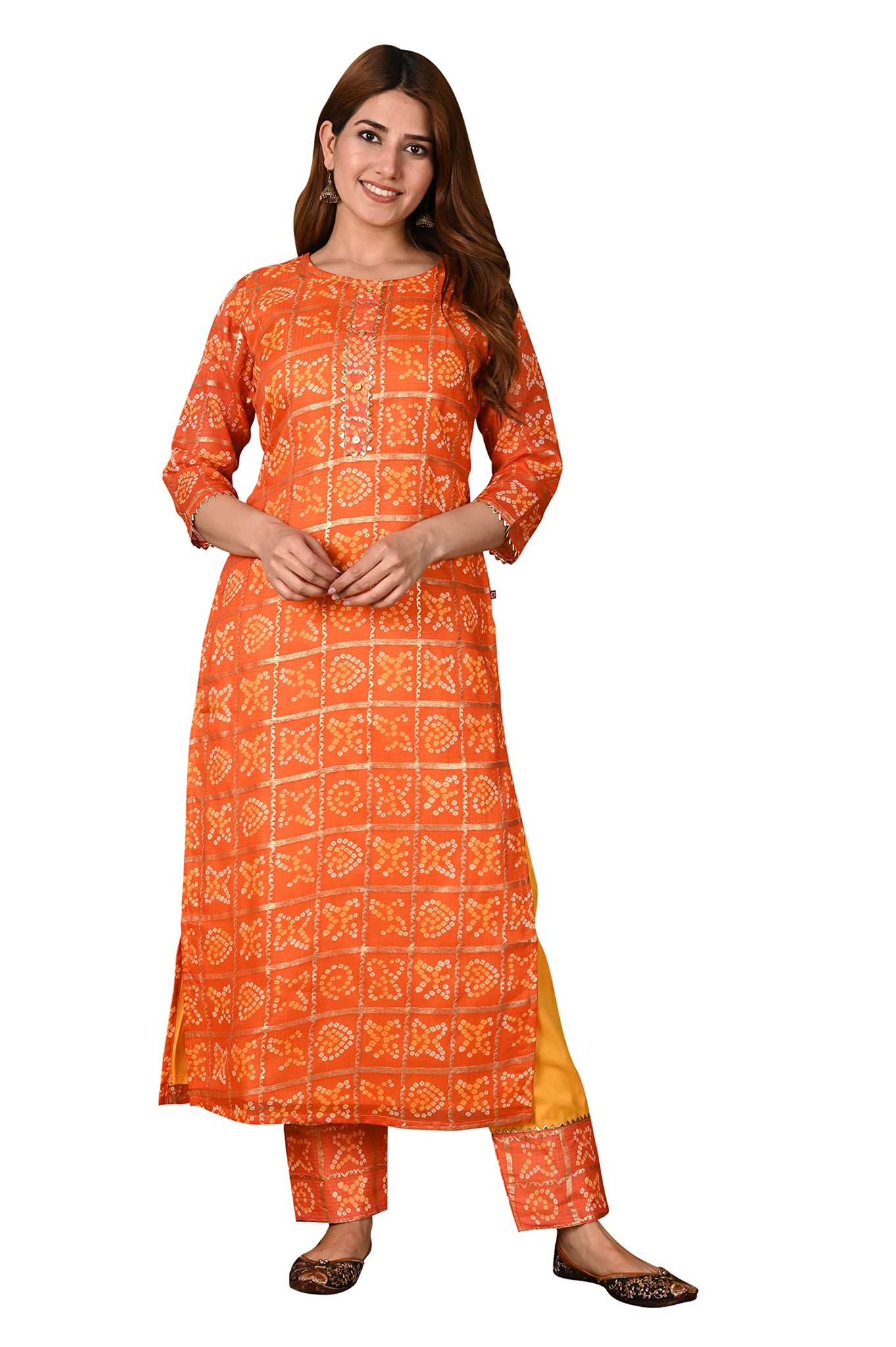 Gosriki Women'S Cotton Blend Straight Printed Kurta With Pant (Forum-Orange_M-Go Orange_Medium),Orange,,B09S2ZCHL4