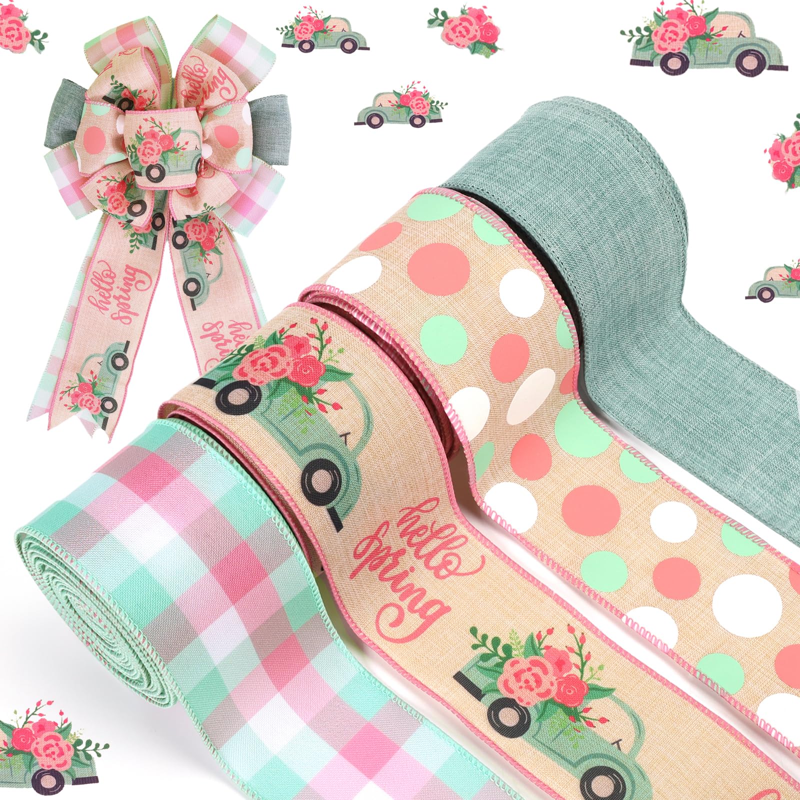 LaRibbons Spring Ribbon Wired 4 Rolls 2.5 Inch x 24 Yards TTL, Blue Car and Floral Ribbon with Plaid and Polka Dot Printed for S