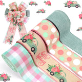 LaRibbons Spring Ribbon Wired 4 Rolls 2.5 Inch x 24 Yards TTL, Blue Car and Floral Ribbon with Plaid and Polka Dot Printed for S