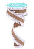 RG Ribbon Light Beige Canvas with White Scalloped Lace Edges, Wired, 1.5 Inch x 10 Yards - for Bows, Wreaths, Crafts, and Decora