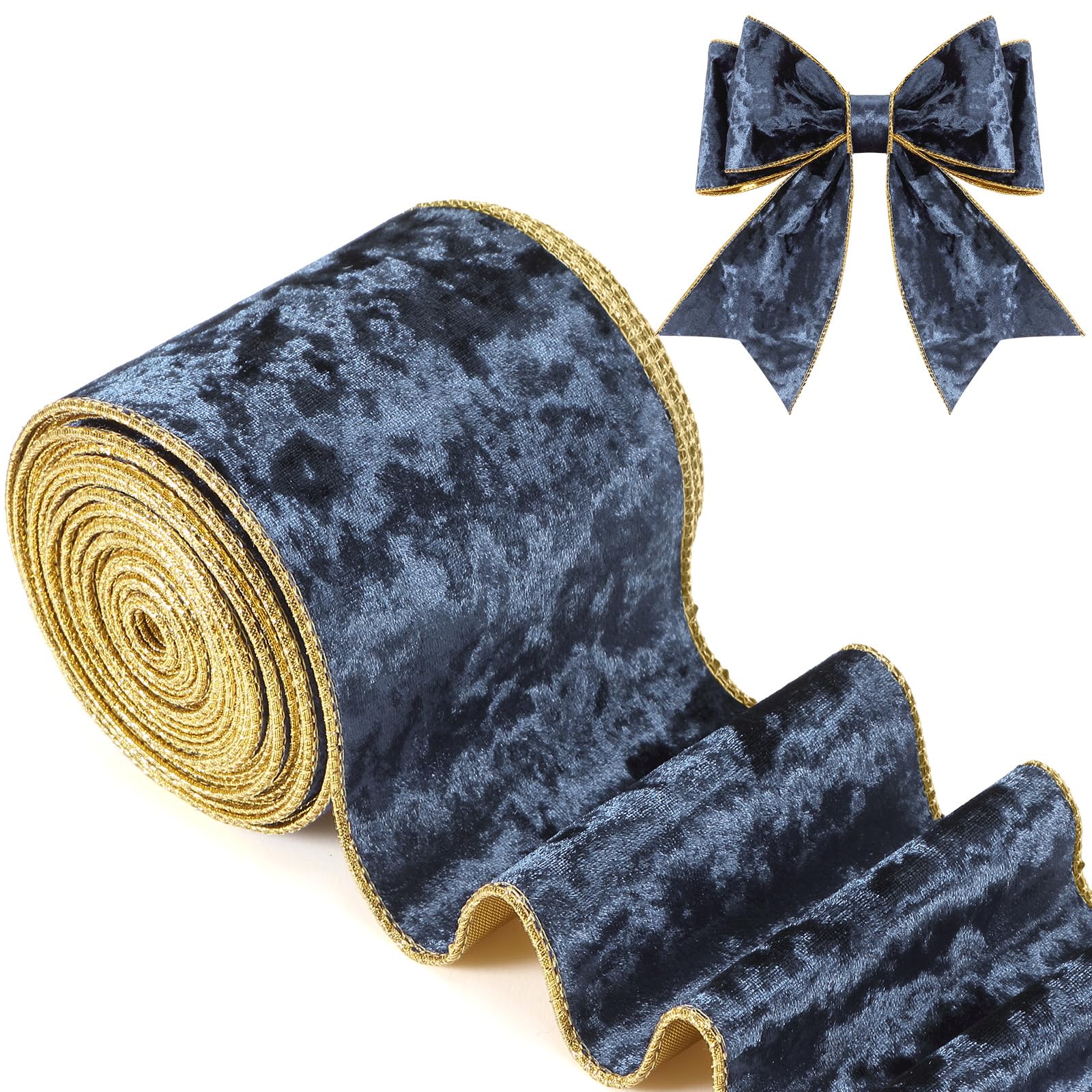 Riceshoot Christmas 2.5 Inch Velvet Ribbon 10 Yards Dusty Blue Wide Wired Velvet Ribbon with Gold Edge for Wrapping Bow Gift Box