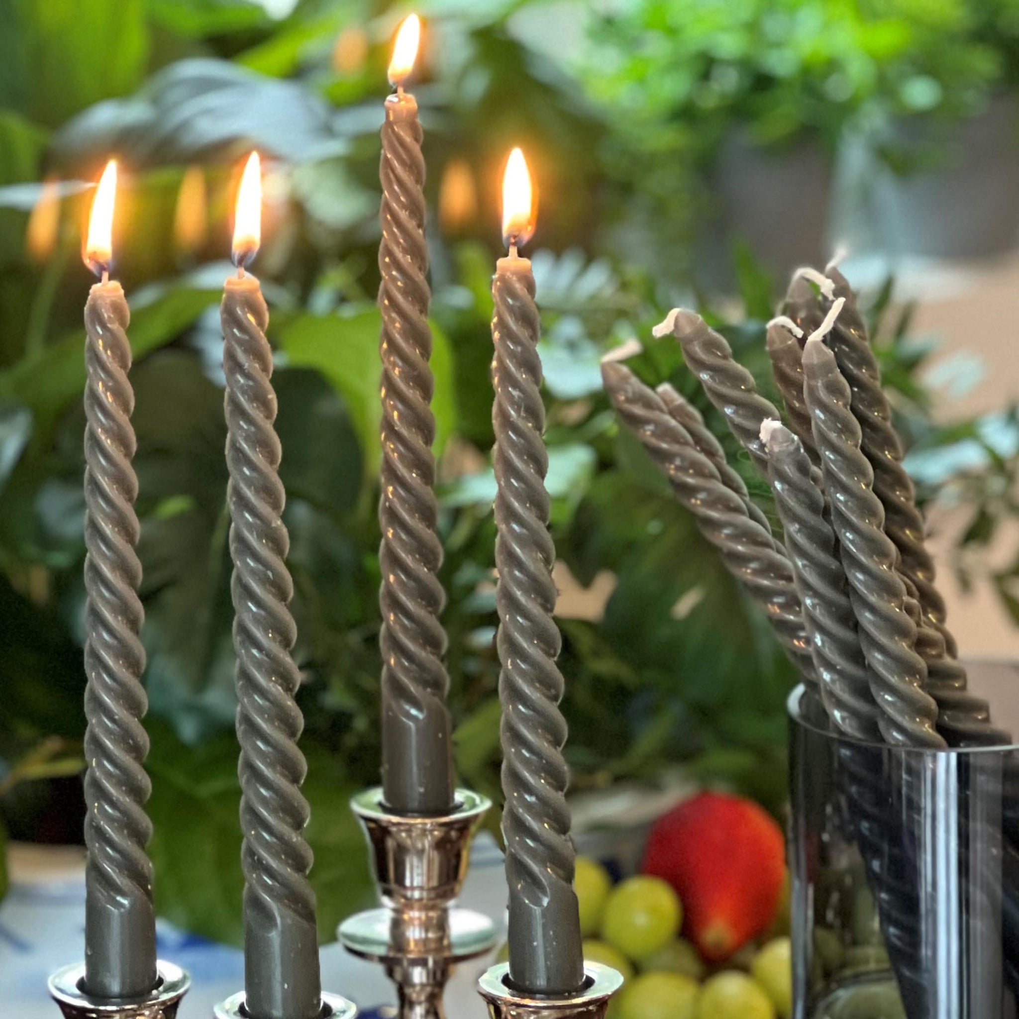 12 Piece Pale Dark Grey Twist Taper Candles, 2 Boxed Sets of 6, 4 Hours Burn Time, Paraffin Wax, 7.75 Inches