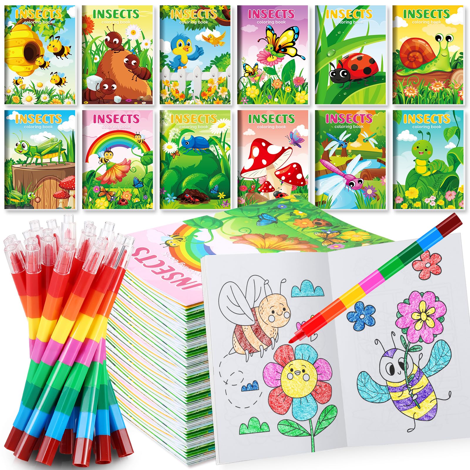 BenLouis 12 Insects Mini Coloring Books Kids with 12 Stacking Crayons Spring Bugs Party Favors Small Activity Books Bulk for Kid