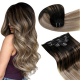 LaaVoo Clip in Hair Extensions 24 Inch Hair Extensions Clip ins Real Human Hair Ombre Black to Light Brown Balayage Blonde 140g 