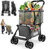 Improved Version Folding Shopping Cart for Groceries, 80lbs Collapsible Grocery Cart with Removable Basket and Swivel Wheels, On