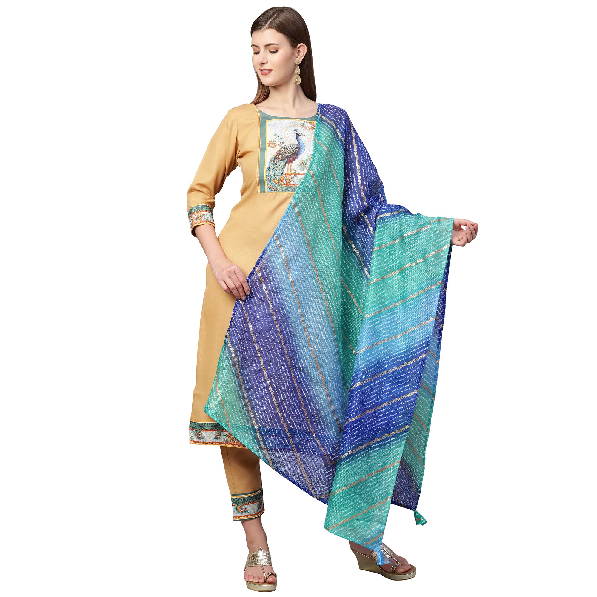 Gosriki Women'S Cotton Straight Kurta With Pant & Dupatta (Kptd-Cot-10055-Beige_Xl-Go_Beige_X-Large),Beige,,B09N8W87LX