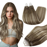 Full Shine Micro Loop Human Hair Extensions Color 6/60/6 Brown and Blonde Balayage Extensions Soft Natural Hair 18 Inch Cold Fus