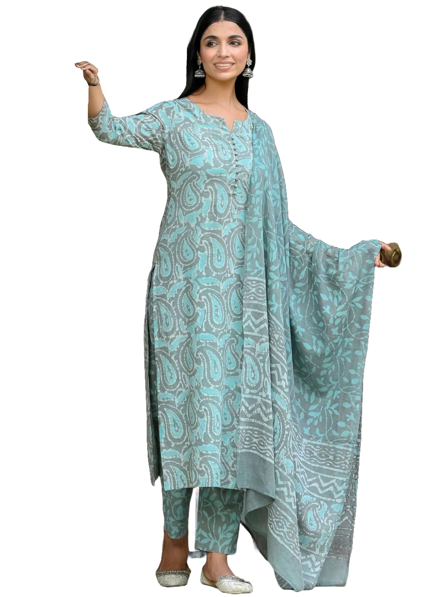 Anni Designer Women'S Rayon Blend Straight Printed Kurta With Pant & Dupatta (Karwaan Grey_M_Grey_Medium),Grey,M,,,