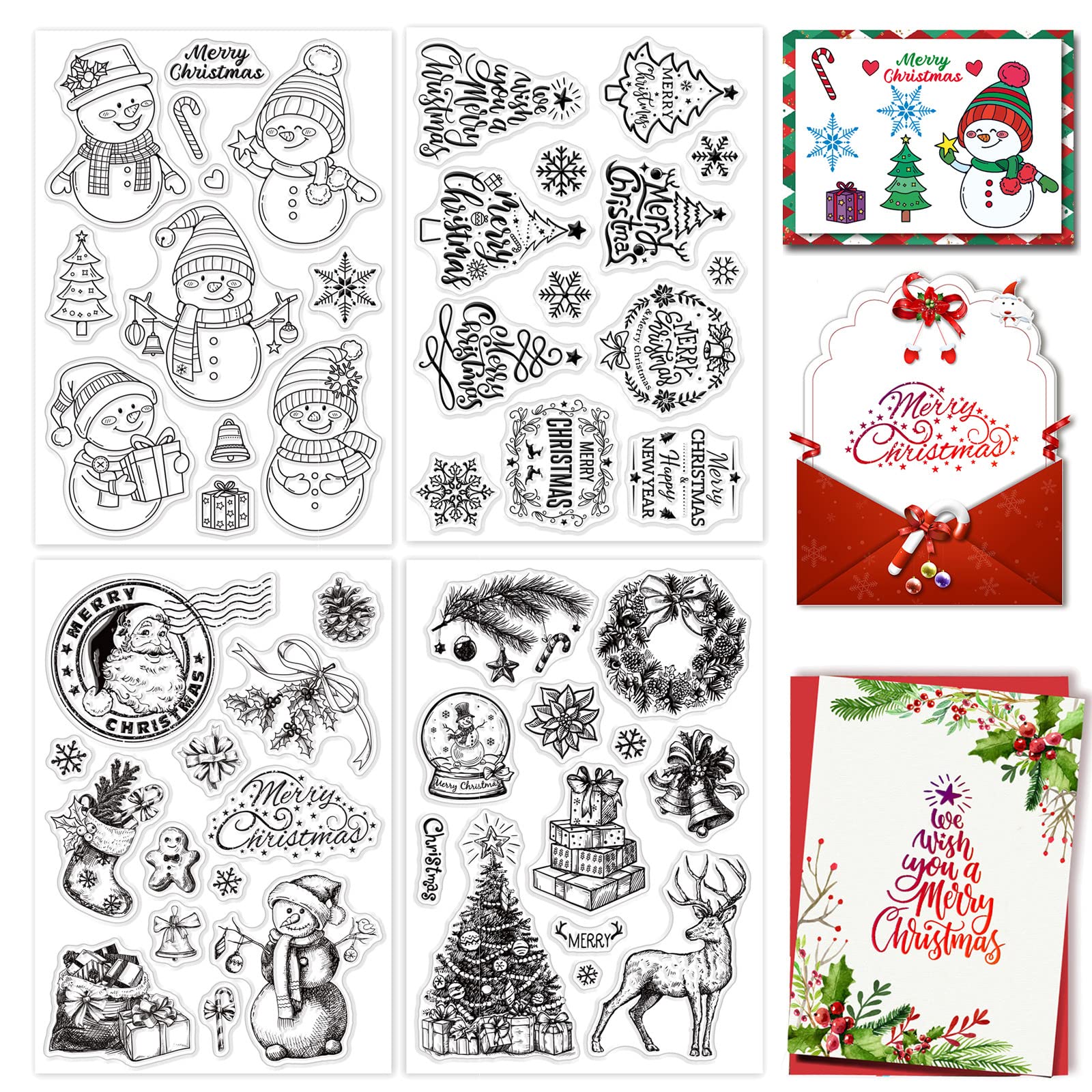 CRASPIRE Christmas Clear Stamp Set 4 Sheets Clear Silicone Stamps Christmas Xmas Theme Snowman Christmas Tree Merry Christmas Sc