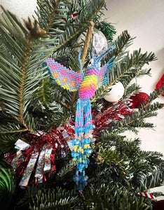 Hummingbird Hanging Figurine Ornament Czech Glass Seed Bead Fringe Tail Dangles - Handmade Gifts Spirit Animal Boho Accessories