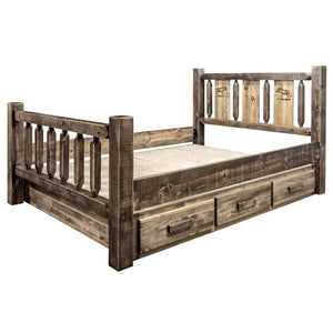 Montana Woodworks Homestead Collection King Storage Bed With Laser Engraved Moose Design, Stain & Clear Lacquer Finish