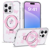 ETPESOK Compatible with iPhone 15 Pro Max Case Clear Pink Butterfly Pattern Design with Magnetic Ring Stand [Compatible with Mag