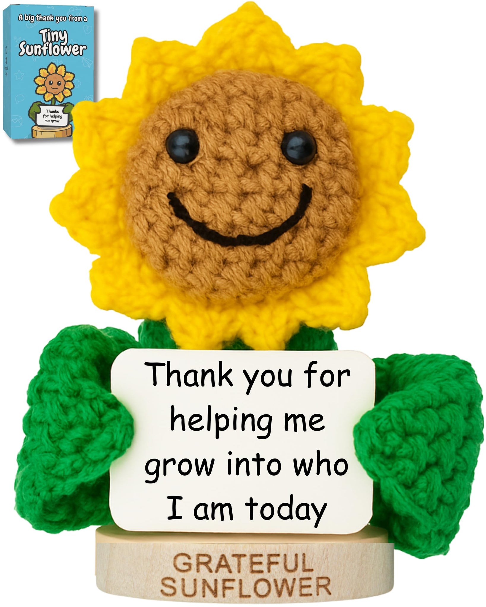 Appreciation Gift for Women - Cute Handmade Sunflower Crochet Holding a Thank You Card for Mom, Dad, Boss, Teacher, Grandma, Big