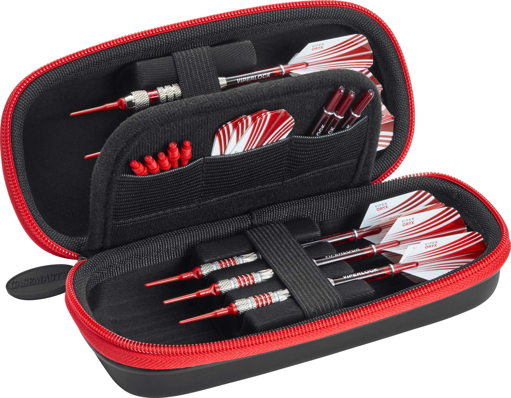Casemaster Sentry 6 Dart Case Slim, Holds Extra Accessories, Tips, Shafts And Flights, Compatible With Steel Tip And Soft Tip Darts, Impact & Water Resistant Tactech Shell, Red Zipper
