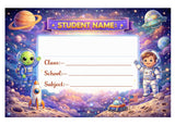 Space Galaxy Theme School Notebook Name Labels, Astronaut & Planet Design, Self Adhesive, 3x2 Inch, Pack of 10