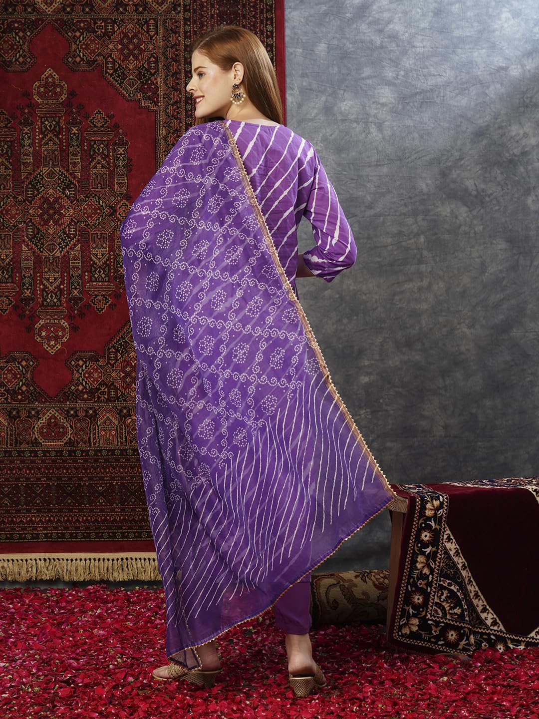 Gosriki Women'S Cotton Blend Straight Printed Kurta With Pant & Dupatta (Doremi Purple-Jl-Gs_M_Purple_Medium),Purple,,B0D73YMD27