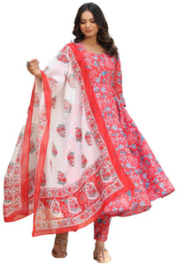 Gosriki Women'S Cotton Blend Anarkali Printed Kurta With Pant & Dupatta (Gym-Red-Bfv-Gs_S_Red_Small),Red,,B0CPXXB43B