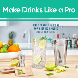 Mixology Bartender Kit - 8-Piece Cocktail Shaker Set with Wood Stand, Recipe Cards, and Bar Accessories Ideas (Silver)