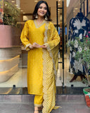 Anni Designer Women'S Rayon Blend Printed Straight Kurta With Pant & Dupatta (June Yellow_Xl_Yellow_X-Large),Yellow,XL,,,