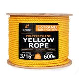 Yellow Twisted Polypropylene Rope, 3/16 Thickness x 600' Length Heavy Duty Poly Ropes for Outdoor and Marine Use, Yellow Rope fo
