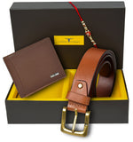 Urban Forest Men Rakhi Gift Hamper For Brother Classic Redwood Leather Wallet, Casual Redwood Leather Belt And Rakhi Combo Gif