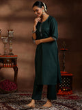Libas Womens Woven Design Cotton Blend Straight Kurta With Trousers And Dupatta Green M