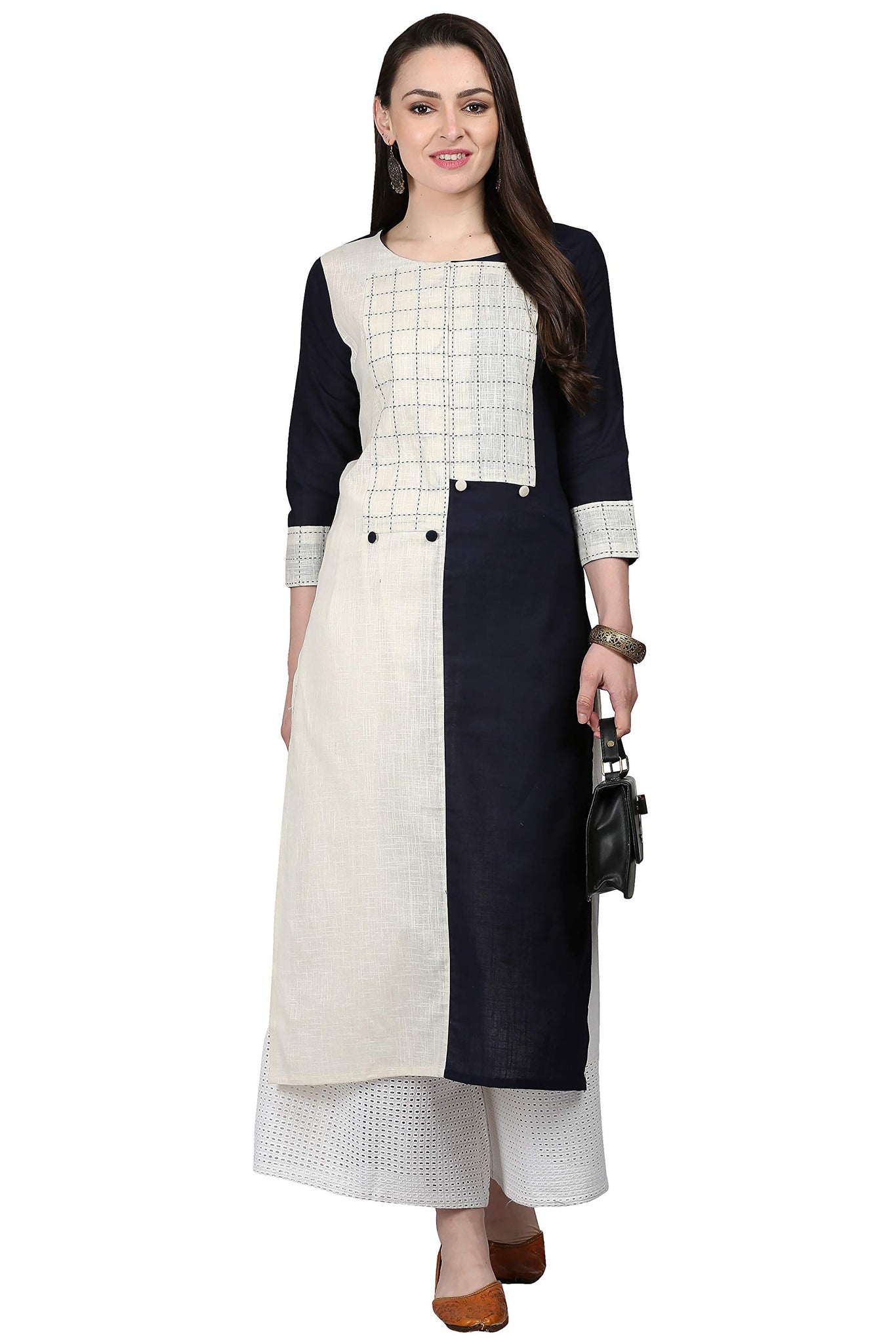 Anni Designer Women'S Black & White Color Rayon Fancy Long Thread & Button Work Kurti(Kur190074-Xxl_Black & White),Black & White,2XL