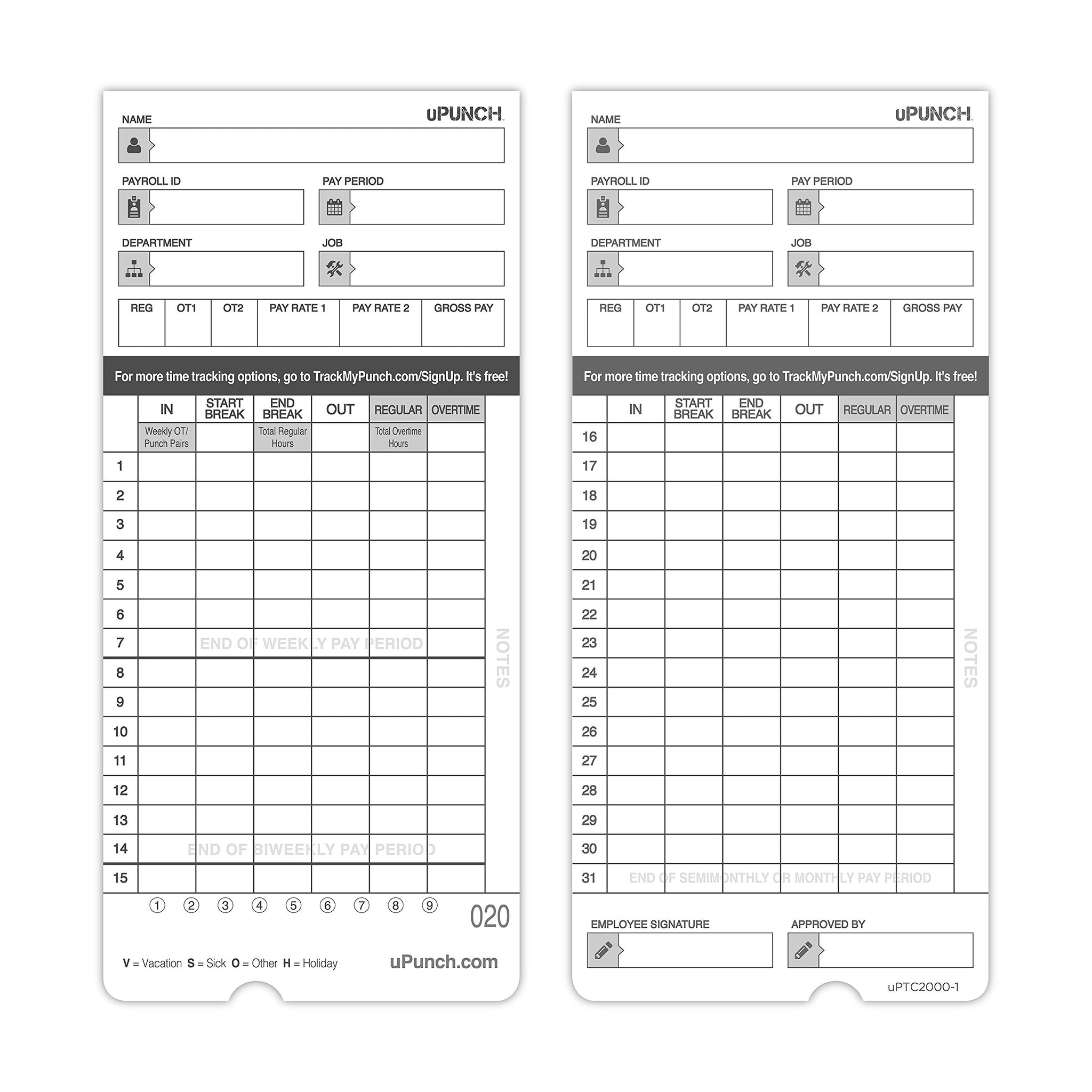 50 uPunch Time Cards for HN4000