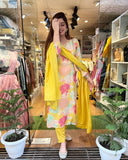 Anni Designer Women'S Cotton Blend Embroidered Floral Printed Straight Kurta With Pant & Dupatta (Litup-Yellow_S_Yellow_Small),Yellow,S,Cotton Blend,Regular,kurta, Dupatta