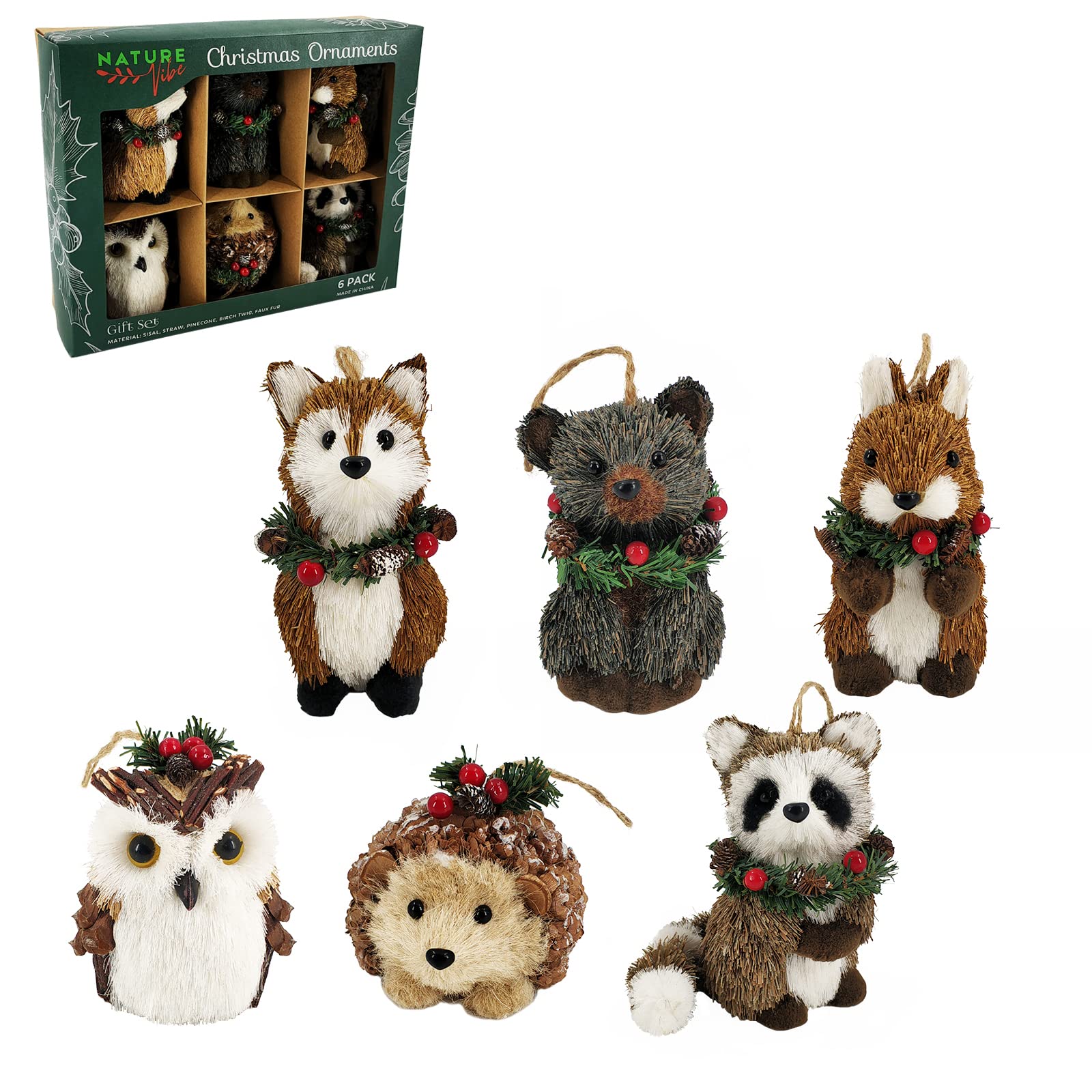 Nature Vibe Sisal Woodland Animals Christmas Tree Ornaments,Set of 6 Natural Forest Friends with Gift Boxes for Presents,Ornamen