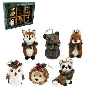 Nature Vibe Sisal Woodland Animals Christmas Tree Ornaments,Set of 6 Natural Forest Friends with Gift Boxes for Presents,Ornamen