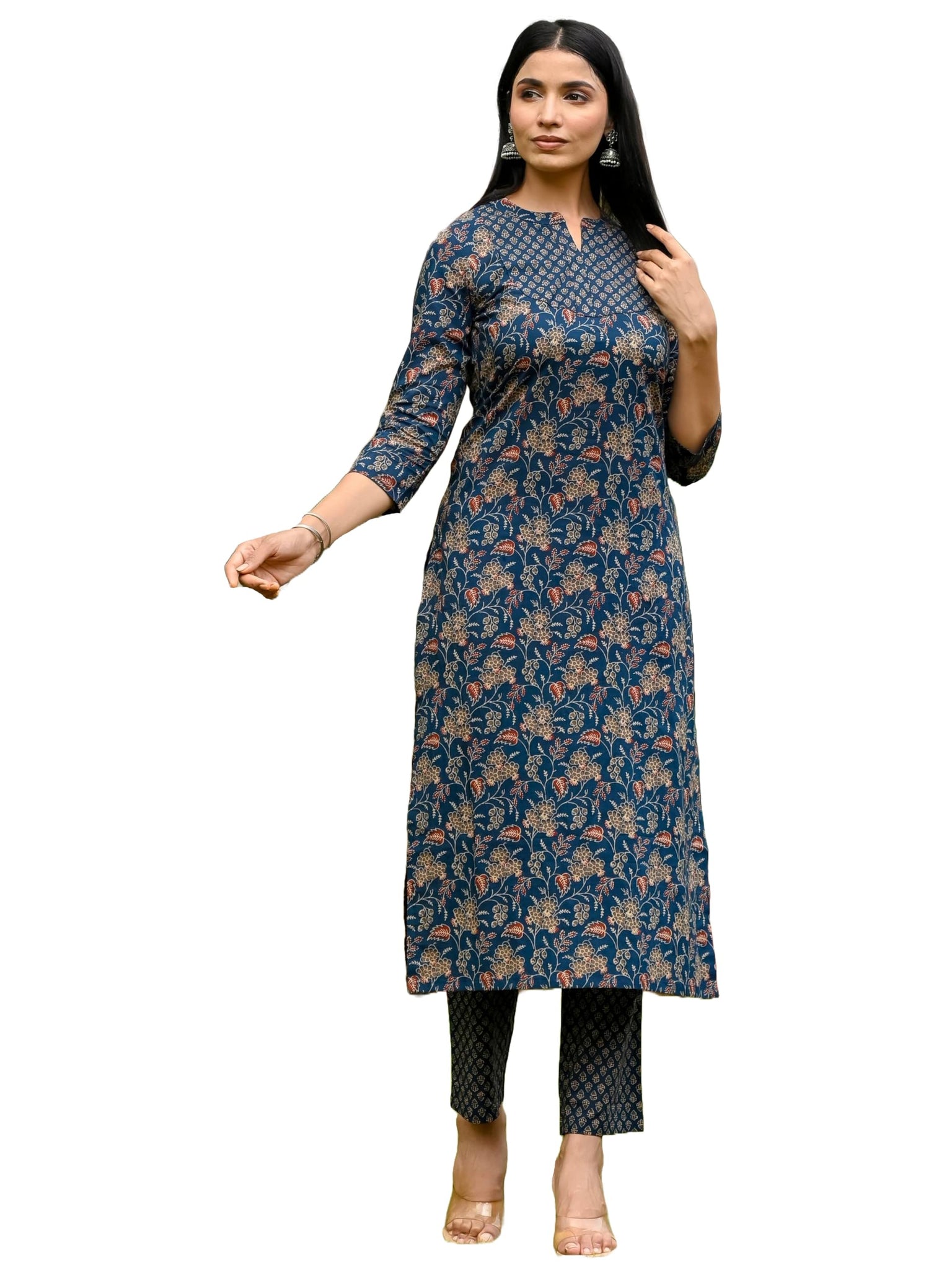 Gosriki Women'S Rayon Blend Straight Printed Kurta With Pant (Ommy Blue-Vks01-Gs_L_Blue_Large),Blue,,B0DCK62M3J