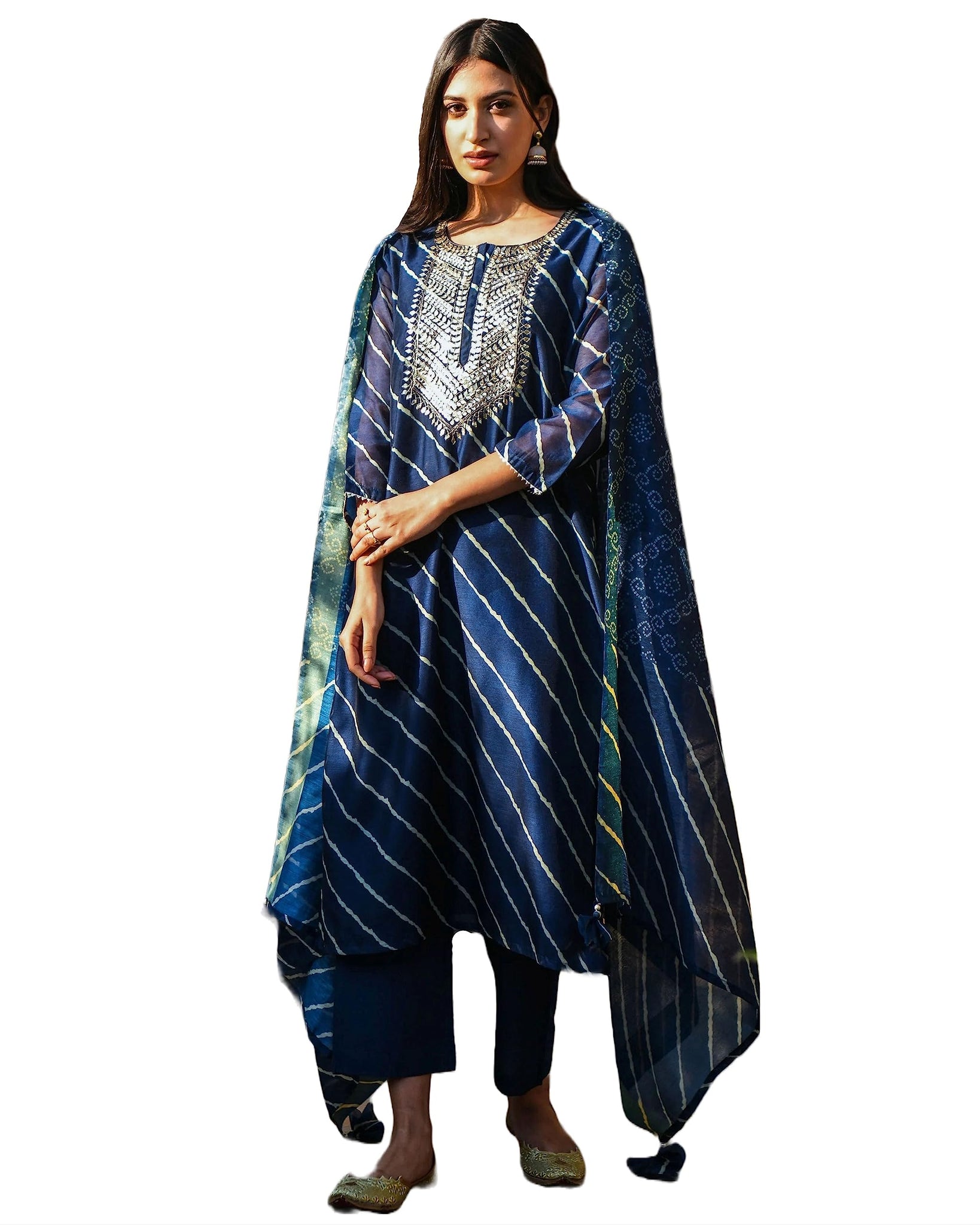 Anni Designer Women'S Cotton Blend Straight Printed Kurta With Pant & Dupatta (Doremi Navy_4Xl_Navy Blue_Xxxx-Large),Navy Blue,4XL