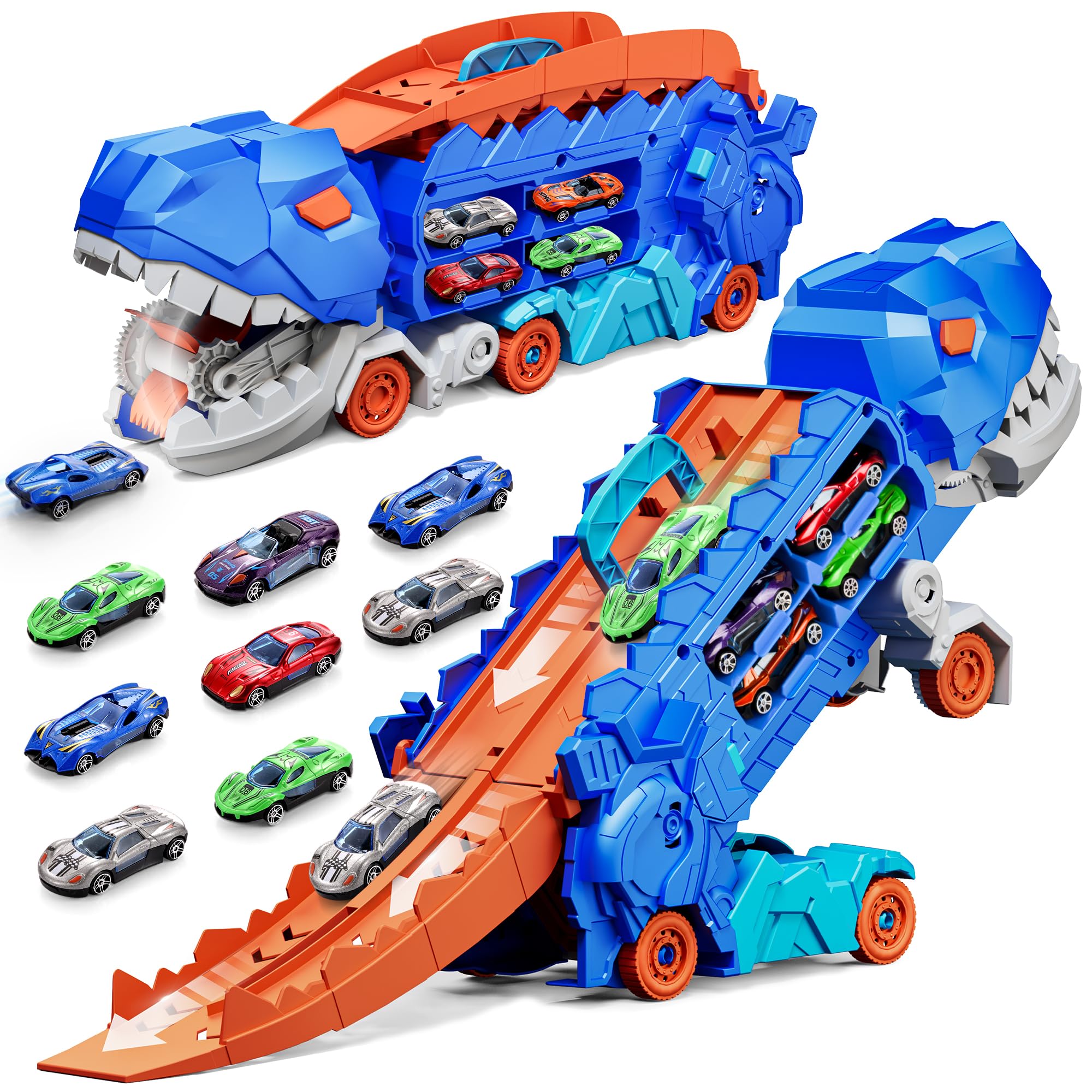 11 in 1 Dinosaur Toys for 3-7, Dinosaur Transport Truck with 8 Metal Cars, City Dinosaur Ultimate Hauler Track Toy, Transforms into Stomping Standing Dinosaur Toddler Toys Gifts for Kids Ages 3+
